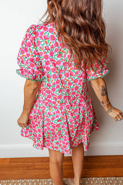 Floral Print V Neck Patchwork Short Bubble Sleeve Mini Dress: Pink