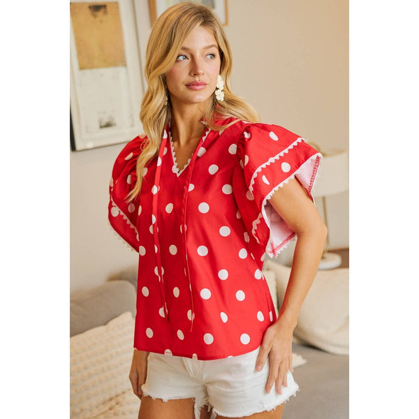 POLKA DOT PRINTED RUFFLE TRIM EDGE BLOUSE TOP: RED / S