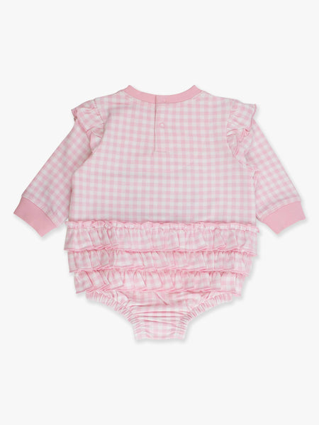 Santa Pink Gingham Applique Sweatshirt Bubble Romper: Pink