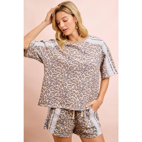 LEOPARD TERRY SIDE DETAIL SHORT SLEEVES TOP: