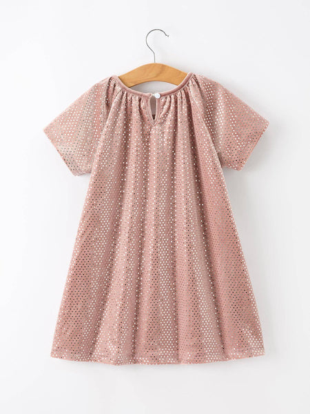 Fall Girls Velvet Sparkle Polka Dot Party Dress: Dusty Rose