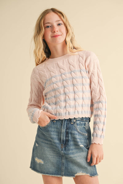 GIRLS KIDS CABLE KNIT BOXY CROPPED PULLOVER