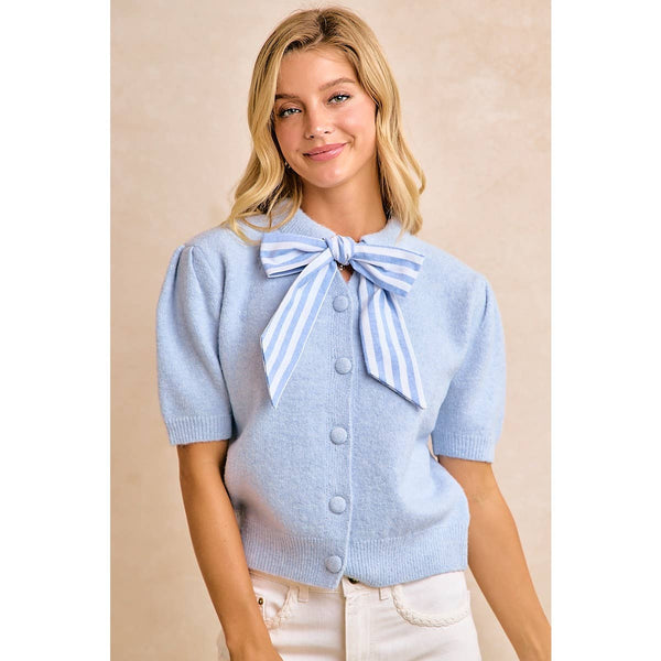 WOMENS LIGHT BLUE BOW TIE SHORT SLEEVE KNIT CARDIGAN