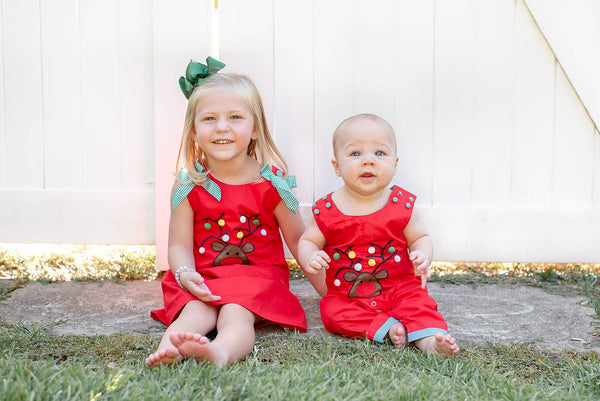 Red Reindeer Pom-Pom Shift Dress: