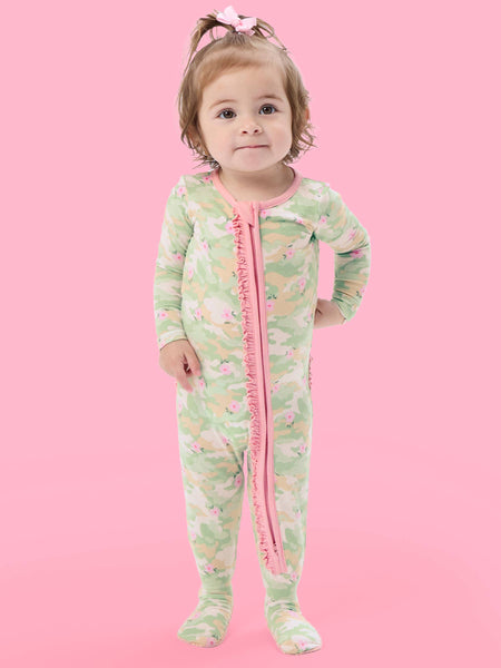 SoftSnooze™ Baby Girls Cotton Modal Sage Blossom Camo Footed Ruffle One Piece Pajama: Green
