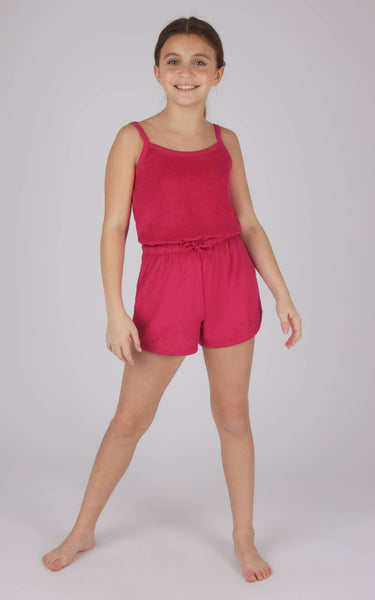 Girls Towel Terry Tie Waist Romper w Side Pockets: Ceramic