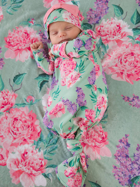 SoftSnooze™ Baby Girls Bamboo Viscose Sage Garden Ruffle Knotted Sleep Gown & Bow Hat Set: Green / Newborn-3m