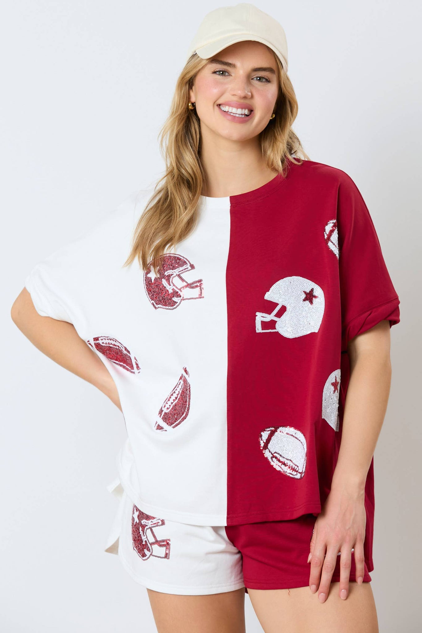 Game Day Helmet&football Color Block Top: WHITE/CRIMSON