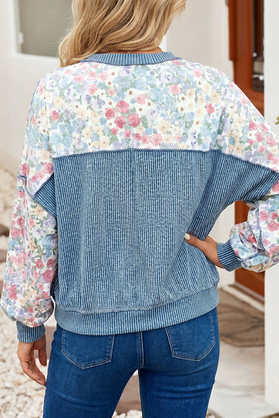 LDC Floral Print Round Neck Long Sleeve Shift Blouse: Multicolour