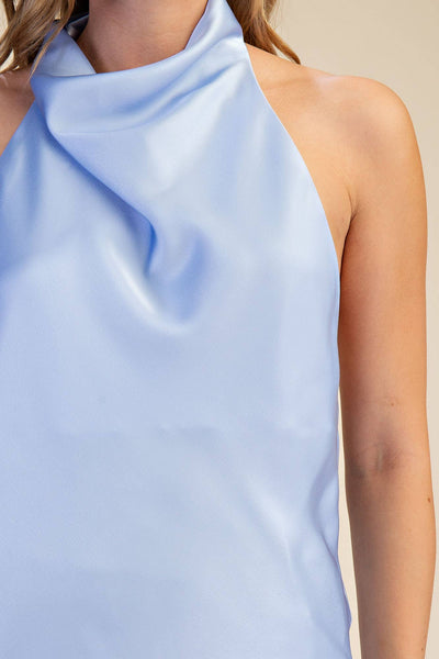 Halter Neck Cowl Neck Sleeveless Openback Satin Top: Dusty Blue / S