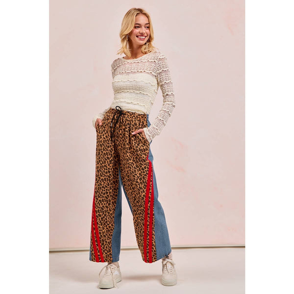WASHED LEOPARD DENIM MIX AND MATCH JOGGER PANTS: LEOPARD/DENIM