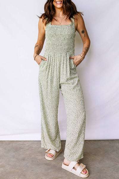 Floral Smocked Bodice Square Neck Sleeveless Jumpsuit Green