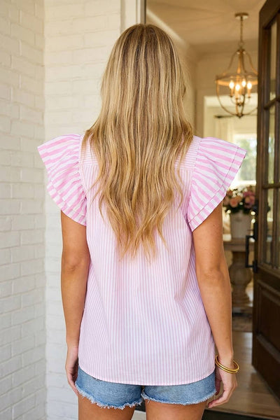 LAS Stripe Contrast V Neck Flutter Sleeve Blouse Pink Stripe