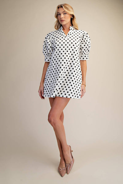 Ruffle V-Neck Puff Sleeve Polka Dot Mini Dress: white/black
