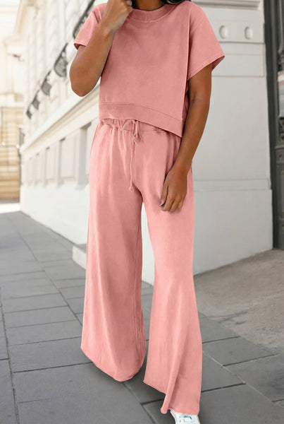 Soft Color Tee & Wide Leg Pants 2pcs Set Pink