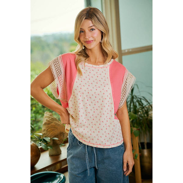 FLORAL RIB KNIT WITH CROCHET TRIM SLEEVES TOP: CORAL PINK / S