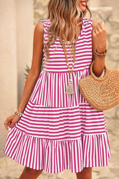 LDC Stripe U Neck Sleeveless Loose Fit Mini Dress: Sky Blue