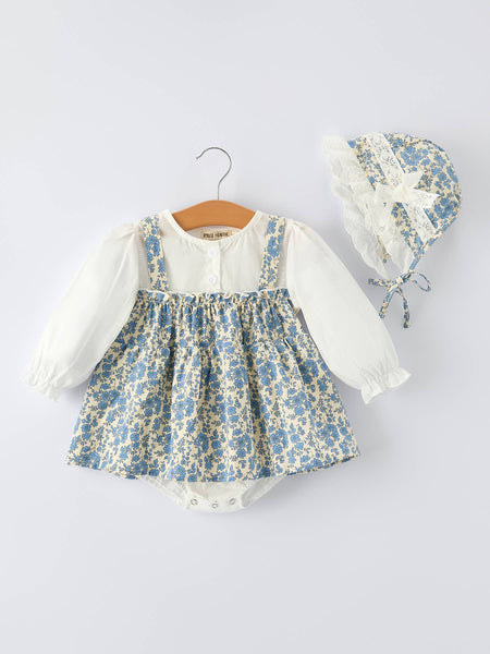 Blue Floral Baby Romper With Hat