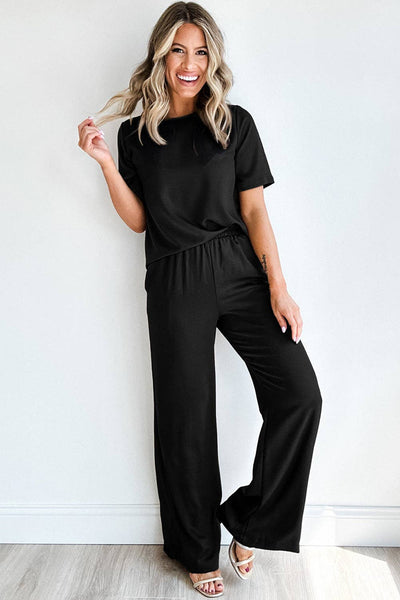 Smoke Gray Solid Color T Shirt 2pcs Wide Leg Pants Set: