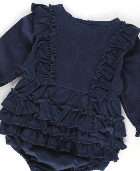 Baby Girls Dark Navy Stretch Corduroy Waterfall Bubble Romper: Blue / 0-3m