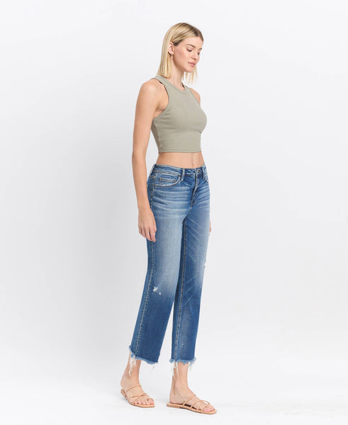HIGH RISE FRAYED HEM CROP STRAIGHT JEANS F5569: ADMIRE