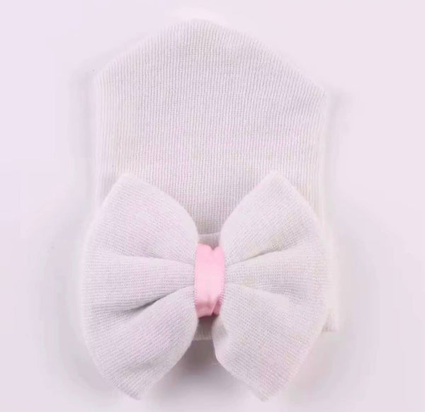 Newborn Hospital Hat, Gender Reveal, Embroidery, Monogram: White Pink / Satin Bow