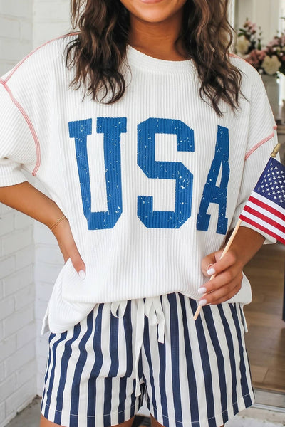 LAS USA Graphic Half Sleeve Loose Ribbed Top White