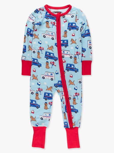 SoftSnooze™ Baby Bamboo Viscose Postal Pups Mail Convertible One Piece Footie Pajama: Blue