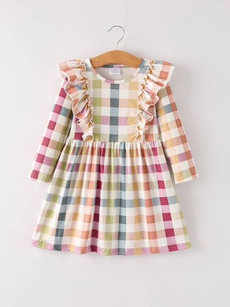 Fall Thanksgiving Plaid Long Sleeve Girls Dress: