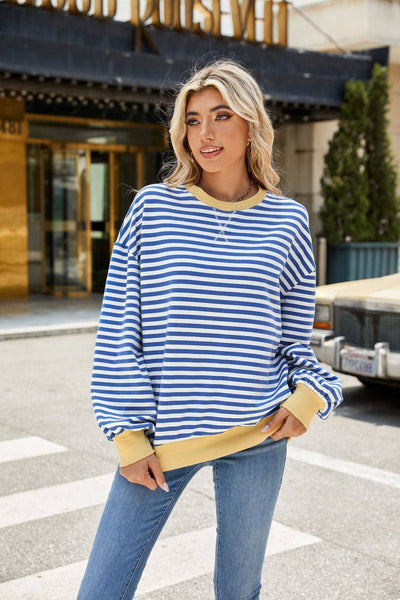 Striped Crew Neck Contrast Color Loose Long Sleeve Sweater: Black and white stripes