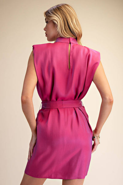 Mock Neck Shoulder Padded Waist Tie Mini Satin Dress: Red