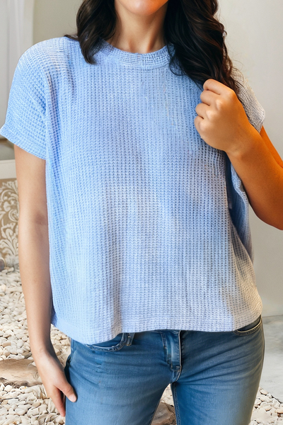 LDC Waffle Textured Knit Dolman Short Sleeve Sweater: Sea Green