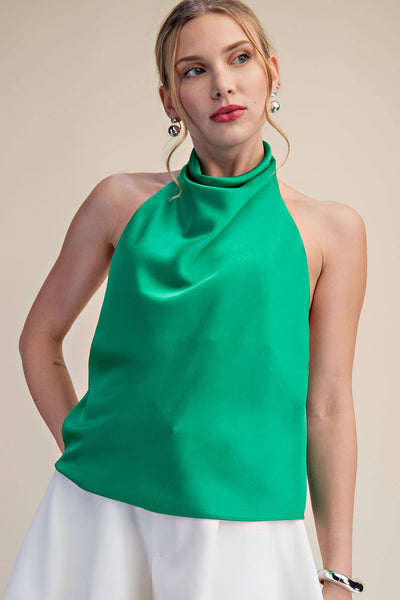 Halter Neck Cowl Neck Sleeveless Openback Satin Top: Dusty Blue / S