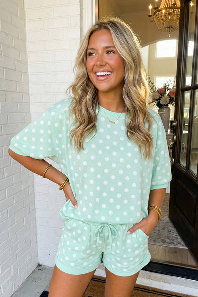 LAS Polka Dot Print Top Drawstring Shorts Set Green