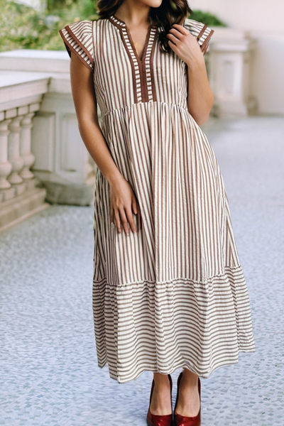 LDC Ruffled Stripe Contrast Trim V Neck Dress: Black