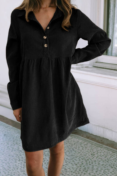LDC Corduroy Half Button Collared Long Sleeve Mini Dress: Oatmeal