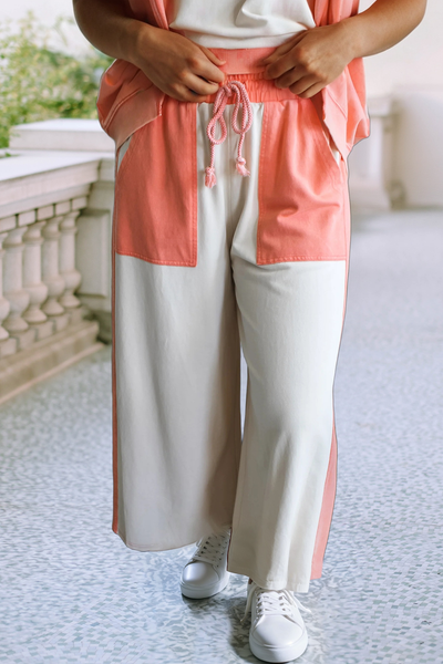 LDC Color Block Patchwork Tee Drawstring Loose Pant Set: White