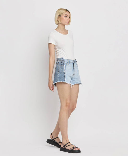 HIGH RISE TWO TONE PATCH DENIM SHORTS BY4330: FUTURESTIC