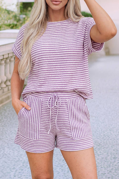 LDC Stripe Breathable Textured Knit Short 2pcs Set: Purple Stripe