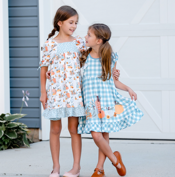 Girls Gingham Angel-Sleeve Dress & Cream Pumpkin Shorts: Nile Blue