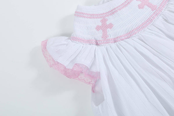 White and Pink Cross Smocked Bishop Dress: