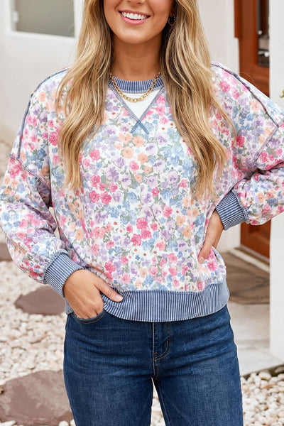 LDC Floral Print Round Neck Long Sleeve Shift Blouse: Multicolour
