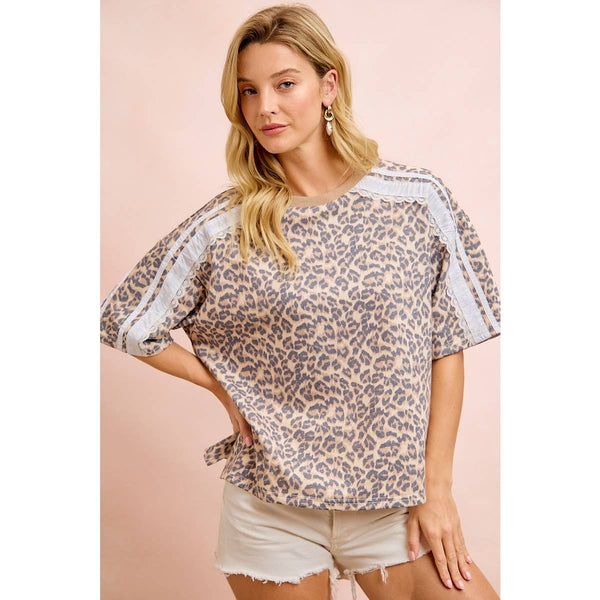 LEOPARD TERRY SIDE DETAIL SHORT SLEEVES TOP: