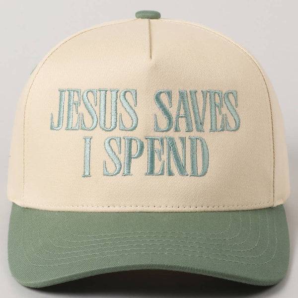 JESUS SAVES I SPEND Embroidery Trucker Hat: HOT PINK