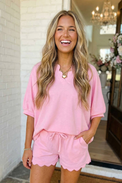 LAS Scalloped Oversize Top Drawstring Short Set Pink