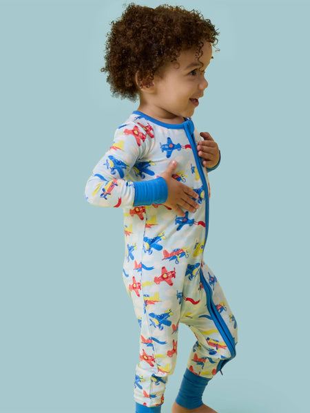 SoftSnooze™ Baby Bamboo Viscose Plane Parade Convertible One Piece Footie Pajama: Blue