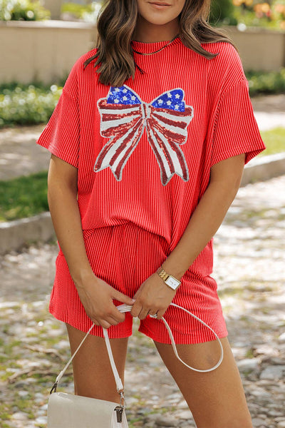 LDC USA Flag Star Graphic T Shirt and Shorts Set: Orange