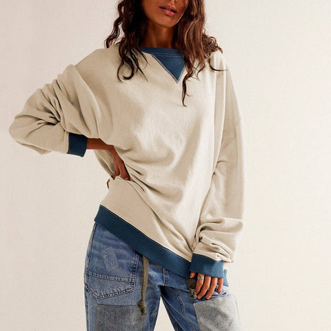 Solid Color Round Neck Fork Loose Sweatshirt Sweater: Off-white