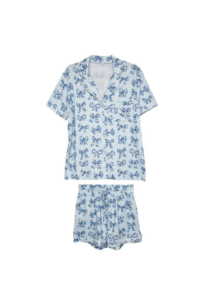 Toile Print Coquette Bows Cute Pajamas: Light Blue / S