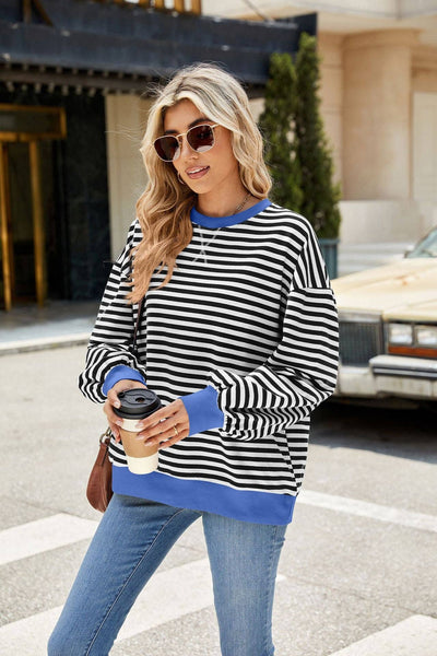 Striped Crew Neck Contrast Color Loose Long Sleeve Sweater: Green and white stripes